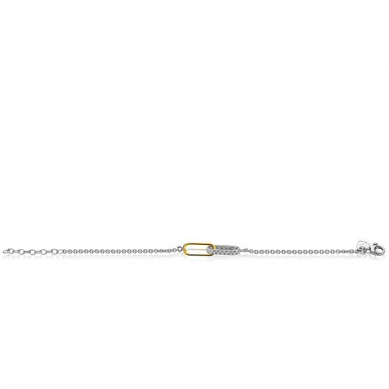 ZINZI zilveren schakelarmband met twee verbonden ovale schakels: ene gold plated, ander bezet met witte zirkonia's ZIA2758