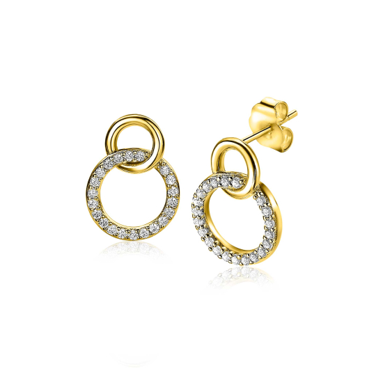 15mm ZINZI gold plated zilveren oorknoppen twee open rondjes verbonden en witte zirkonia's ZIO1782Y