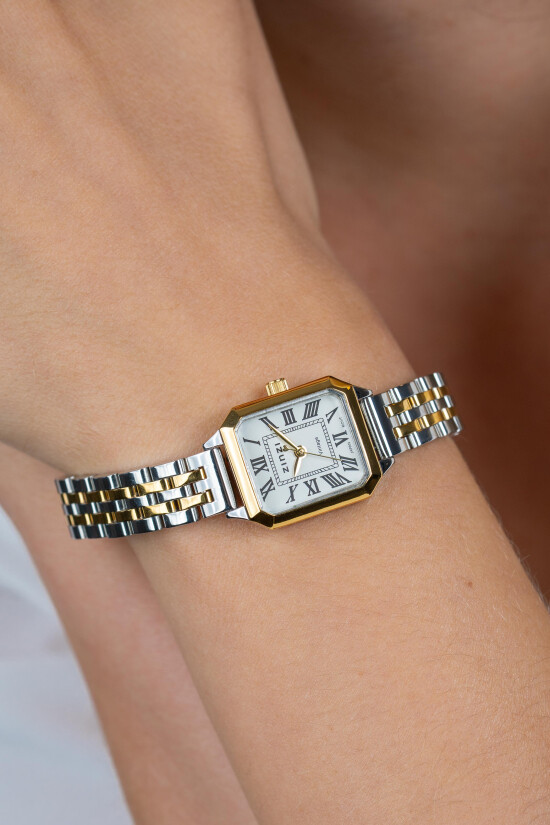 ZINZI Vintage horloge 24mm achthoekige geelgoudkleurige kast, witte wijzerplaat, bicolor stalen band en Japans uurwerk ZIW2607
