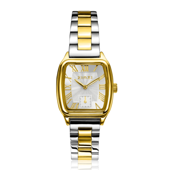 ZINZI Contour bicolor horloge zilveren sunray wijzerplaat en vintage kast stalen bicolor schakelband 26mm extra dun ZIW3033
