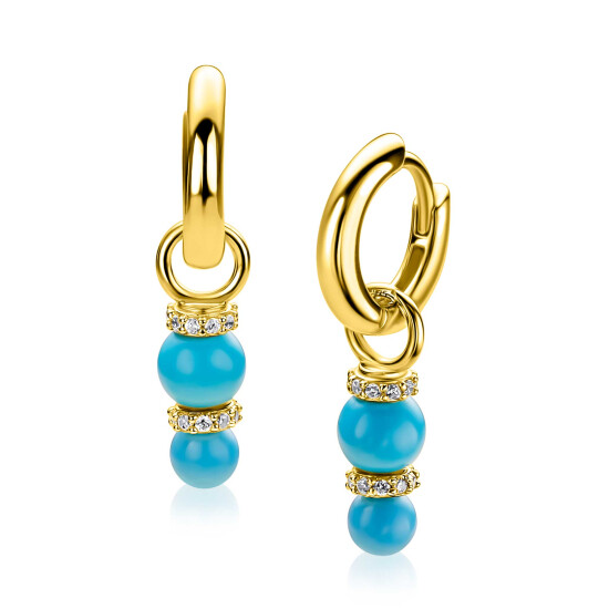 16mm ZINZI gold plated zilveren oorbedels met twee turquoise parels onder elkaar waarbij de top is bezet met witte zirconia's ZICH2864T (zonder oorringen)