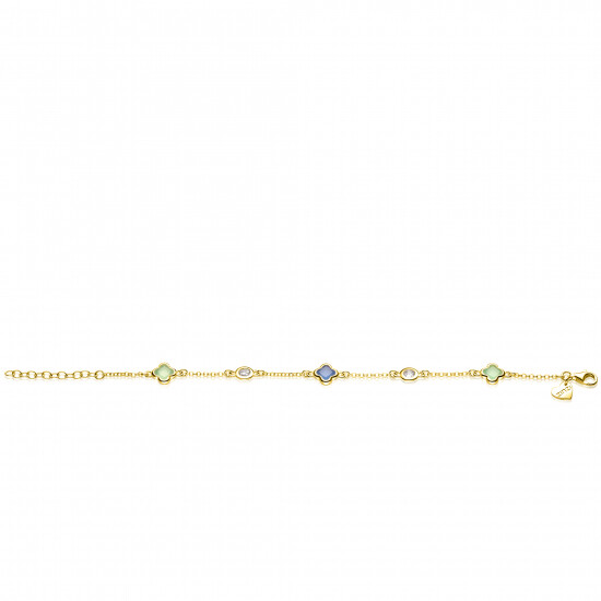 ZINZI gold plated zilveren schakel armband met twee mintgroene klavers en een blauwe klaver 17-20cm ZIA2763