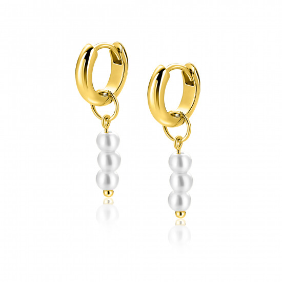 12mm ZINZI gold plated zilveren oorbedels met 3 witte pareltjes ZICH2734Y (zonder oorringen)