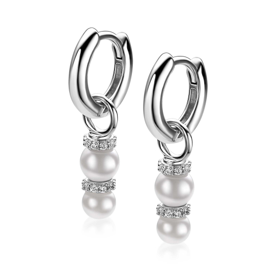 16mm ZINZI zilveren oorbedels met twee witte parels onder elkaar waarbij de top is bezet met witte zirconia's ZICH2864 (zonder oorringen)