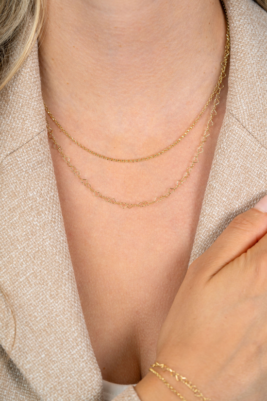 ZINZI goldplated zilveren dubbele schakelketting 40–45cm met fijne hartvormige schakels ZIC2775G