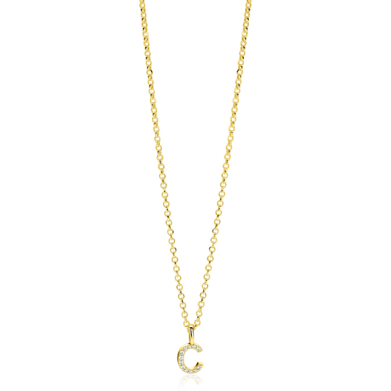 ZINZI gold plated zilveren letter hanger C bezet met witte zirkonia's ZIH2828-C (zonder ketting)