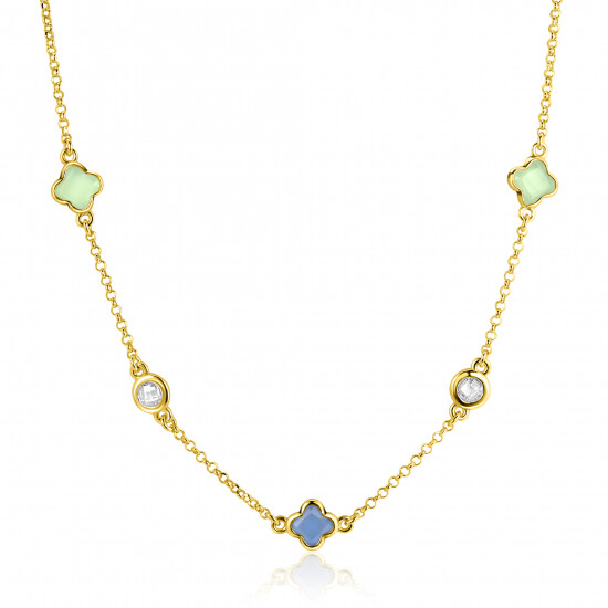 ZINZI gold plated zilveren schakelketting met twee mintgroene klavers en een blauwe klaver 40-45cm ZIC2763