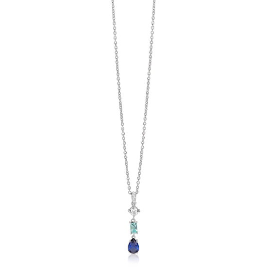 ZINZI zilveren collier 45cm met sierlijke hanger (27mm) bezet met een ronde witte zirkonia, licht aquablauwe rechthoekige kleursteen en diepblauwe peervormige kleursteen ZIC2901