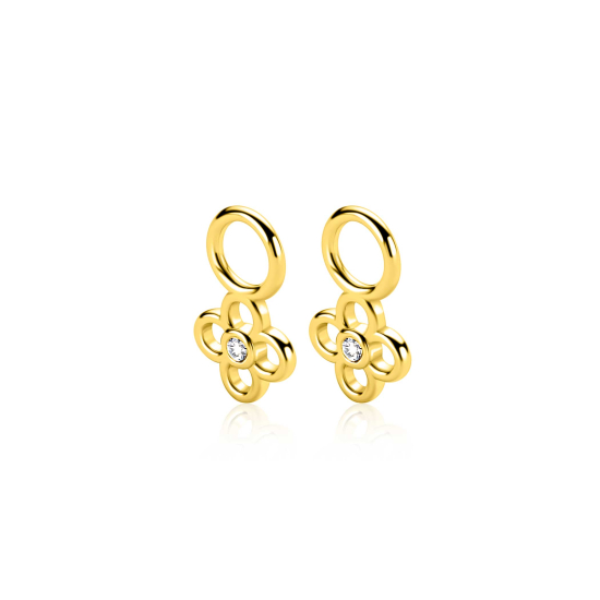 7mm ZINZI gold plated zilveren oorbedel in open klaver vier vorm, bezet met een witte zirkonia in het midden ZICH2885Y (zonder oorringen)