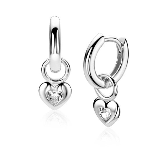 7mm ZINZI zilveren oorbedels met een glad hartje, bezet met een hartvormige witte zirkonia ZICH2886 (zonder oorringen)