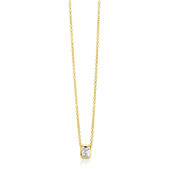 ZINZI gold plated zilveren collier 45cm met een rechthoekige gladde kastzetting (9mm), bezet met een witte zirkonia ZIC2899