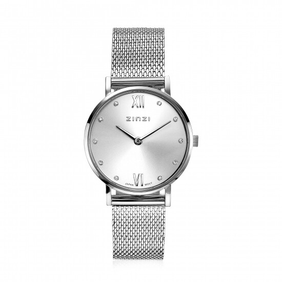 ZINZI Lady Crystal horloge zilvergekleurde wijzerplaat en kast stalen mesh band, witte crystals bij uuraanduiding, 28mm extra dun ZIW628M
