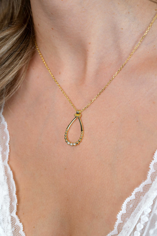 ZINZI goldplated zilveren ketting 45cm met open druppelvormige hanger, met bolletjes en drie witte zirkonia’s ZIC2839Y