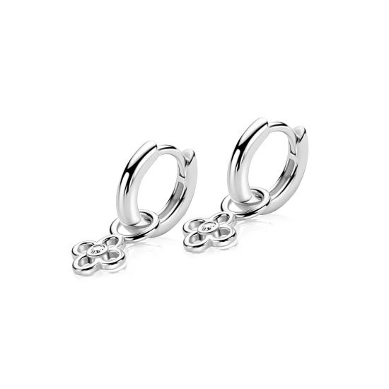 7mm ZINZI zilveren oorbedel in open klaver vier vorm, bezet met een witte zirkonia in het midden ZICH2885 (zonder oorringen)