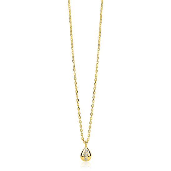 ZINZI gold plated zilveren ketting met druppelvormige hanger (14mm) bezet met witte zirkonia’s 42-45cm ZIC2871