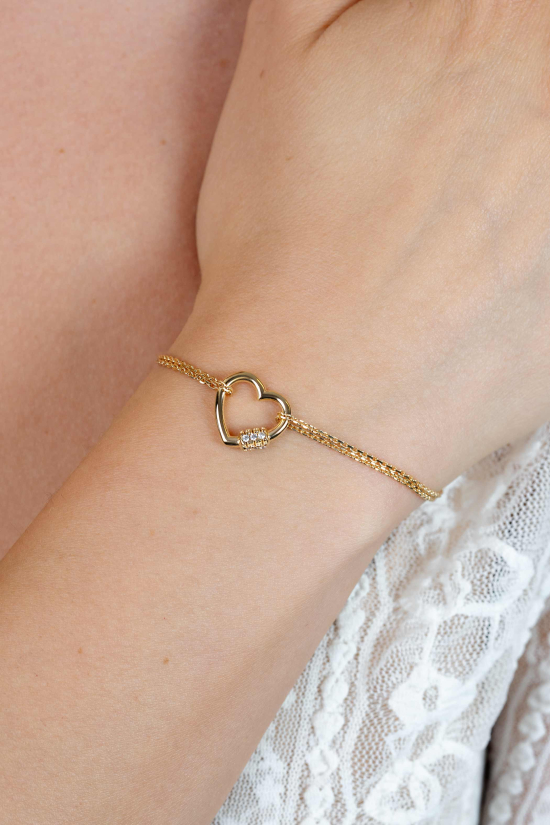 ZINZI zilveren dubbele schakel armband 14K geel verguld met luxe hart witte zirconia's ZIA2031