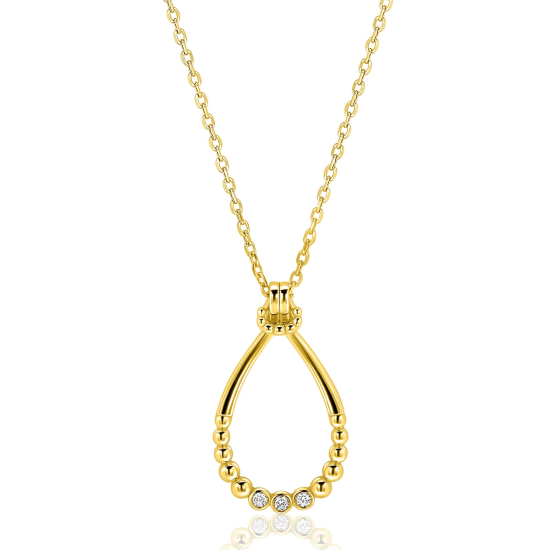 ZINZI goldplated zilveren ketting 45cm met open druppelvormige hanger, met bolletjes en drie witte zirkonia’s ZIC2839Y