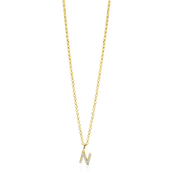 ZINZI gold plated zilveren letter hanger N bezet met witte zirkonia's ZIH2828-N (zonder ketting)