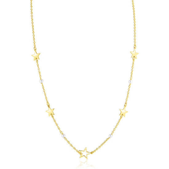ZINZI goldplated zilveren ketting 45cm met glanzende sterren en witte pareltjes ZIC2780