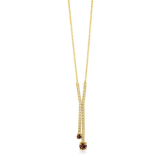 ZINZI gold plated zilveren Y-collier 45cm met luxe tennislook en champagnekleurige zirkonia's in rijzetting met twee grotere donkerbruine kleurstenen ZIC2894C