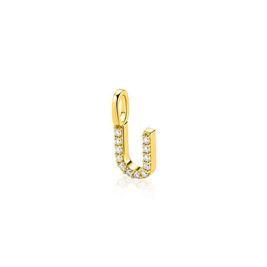 ZINZI gold plated zilveren letter hanger U bezet met witte zirkonia's ZIH2828-U (zonder ketting)
