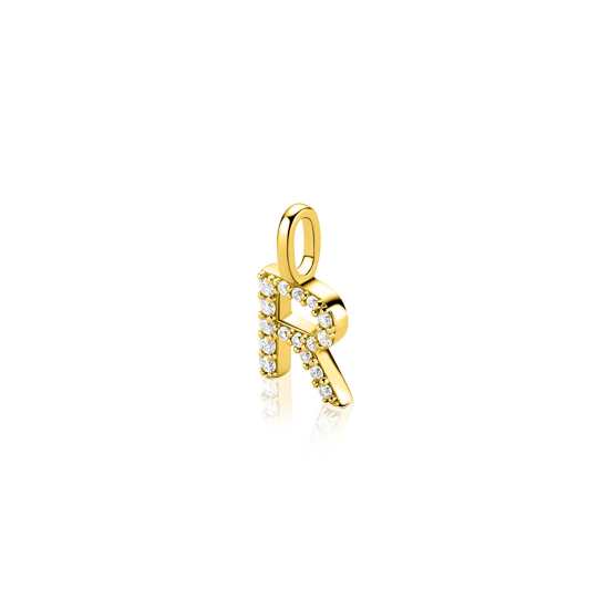 ZINZI gold plated zilveren letter hanger R bezet met witte zirkonia's ZIH2828-R (zonder ketting)