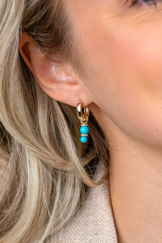 16mm ZINZI gold plated zilveren oorbedels met twee turquoise parels onder elkaar waarbij de top is bezet met witte zirconia's ZICH2864T (zonder oorringen)