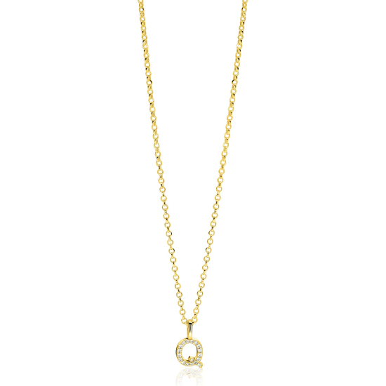 ZINZI gold plated zilveren letter hanger Q bezet met witte zirkonia's ZIH2828-Q (zonder ketting)