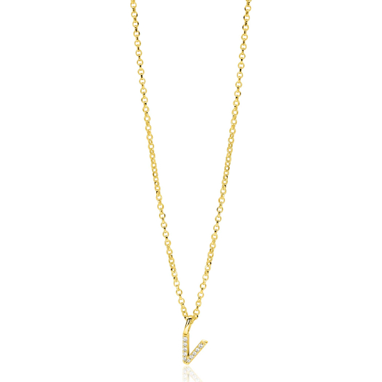 ZINZI gold plated zilveren letter hanger V bezet met witte zirkonia's ZIH2828-V (zonder ketting)