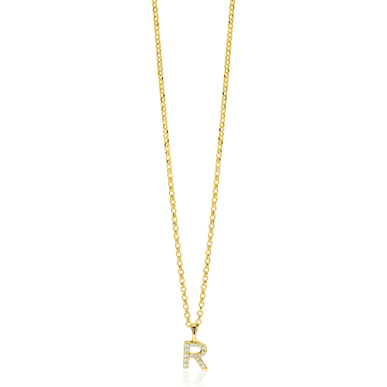 ZINZI gold plated zilveren letter hanger R bezet met witte zirkonia's ZIH2828-R (zonder ketting)