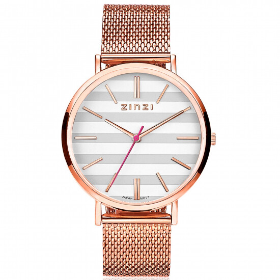 ZINZI Retro horloge grijs-wit gestreepte wijzerplaat roségoudkleurige kast stalen mesh band roségoudkleurig 38mm extra dun ZIW420M