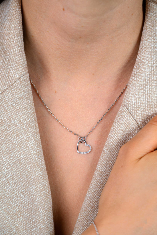 ZINZI zilveren ketting met twee sierlijke harten die met elkaar verbonden zijn, ook bezet met witte zirkonia's 42-45cm ZIC2874