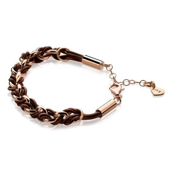 ZINZI zilveren jasseron armband rosé verguld bruin koord 18,5-21cm ZIA1035RB