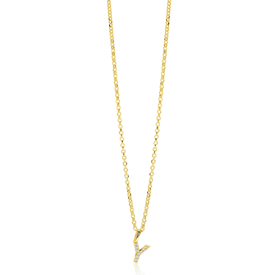 ZINZI gold plated zilveren letter hanger Y bezet met witte zirkonia's ZIH2828-Y (zonder ketting)