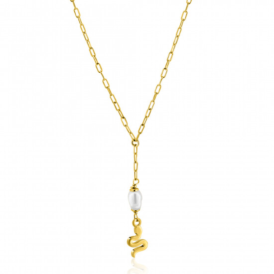 ZINZI gold plated zilveren paperclip Y-collier met witte zoetwaterparel en slang ZIC2761