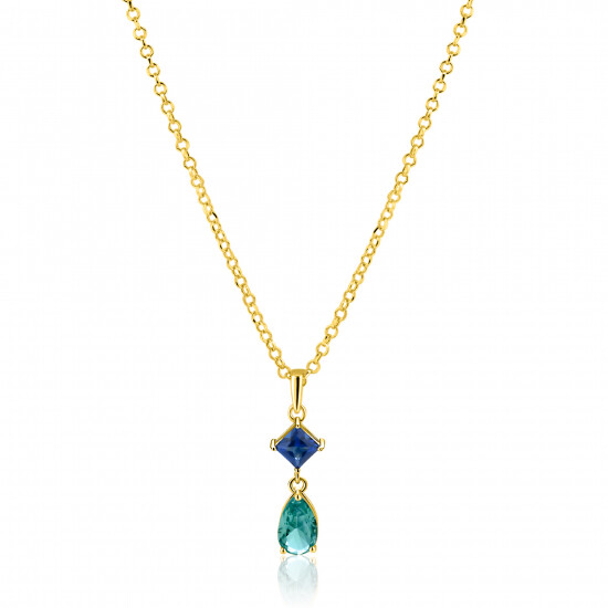 ZINZI gold plated zilveren ketting 42-45cm met luxe peervormige turquoise hanger en blauwe ruitvorm ZIC2745