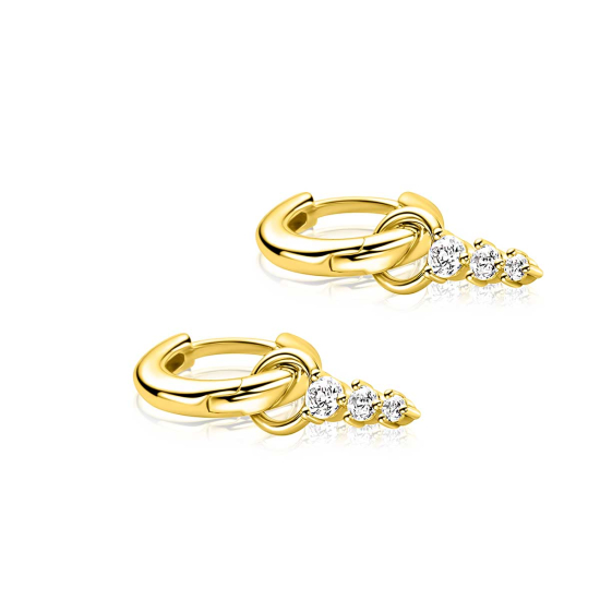 13mm ZINZI gold plated zilveren oorbedels met drie onder elkaar geplaatste witte zirkonia’s in verfijnde chatonzetting ZICH2887Y (zonder oorringen)