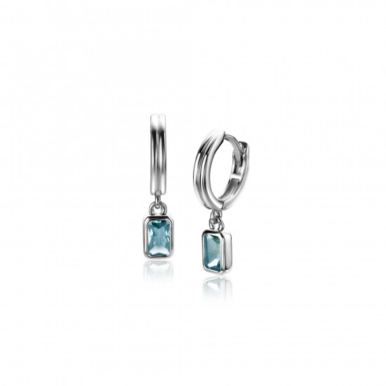 11mm ZINZI zilveren oorringen met bungelend rechthoekige hangers bezet met petrol blauwe kleurstenen ZIO2614
