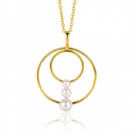34mm ZINZI gold plated zilveren ronde fantasie hanger bezet met drie ronde witte zoetwaterparels ZIH2616 (zonder collier)