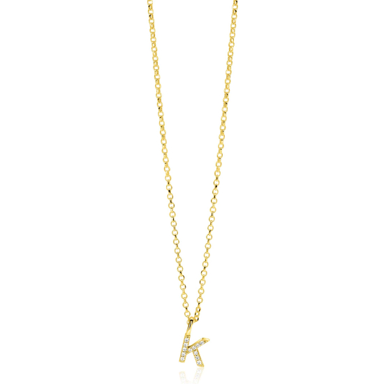 ZINZI gold plated zilveren letter hanger K bezet met witte zirkonia's ZIH2828-K (zonder ketting)