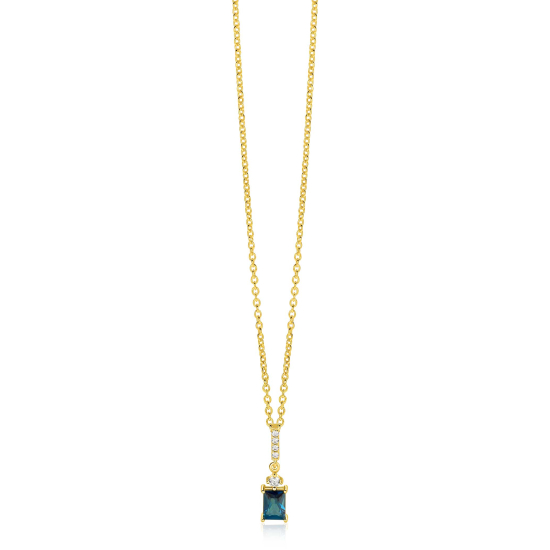 ZINZI gold plated zilveren collier 45cm met sierlijke rechthoekige hanger (22mm) met diep petrolblauwe kleursteen ZIC2896