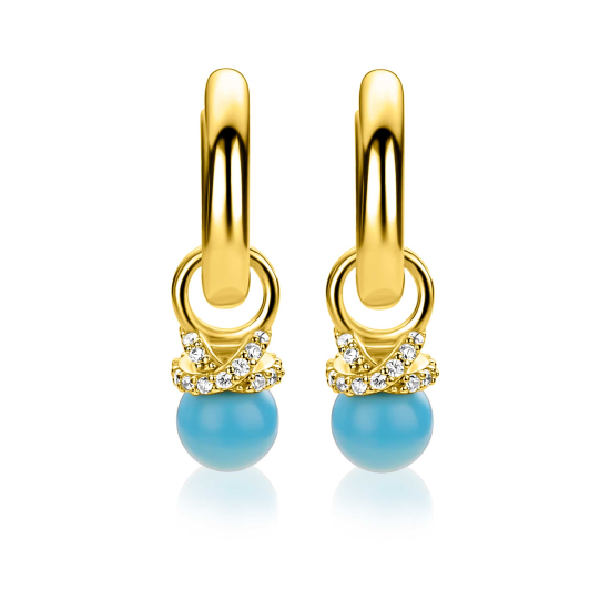 8mm ZINZI gold plated zilveren oorbedels met een turquoise parel en een strikvormige zetting bezet met witte zirkonia’s ZICH2863T (zonder oorringen)