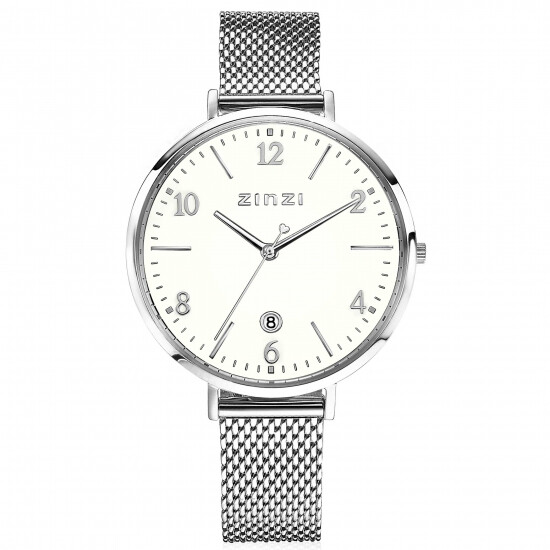ZINZI horloge SOPHIE witte wijzerplaat met datum, stalen kast 38mm, stalen mesh band 14mm ZIW1406

