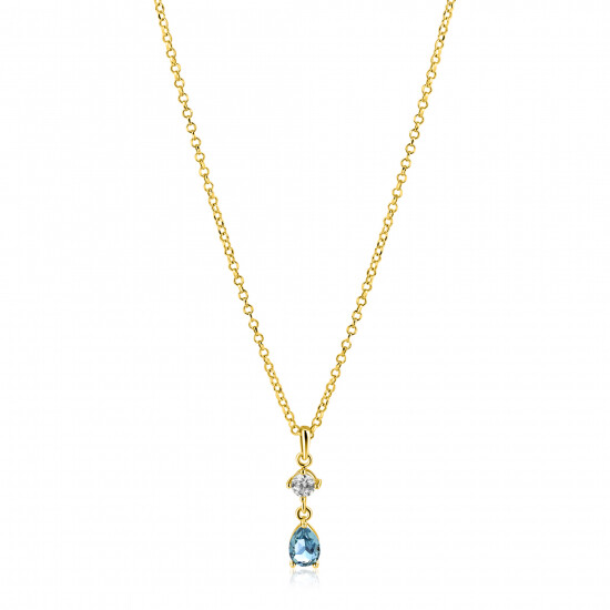 ZINZI gold plated zilveren ketting 42-45cm met luxe peervormige hanger met lichtblauwe kleursteen en witte zirkonia ZIC2744