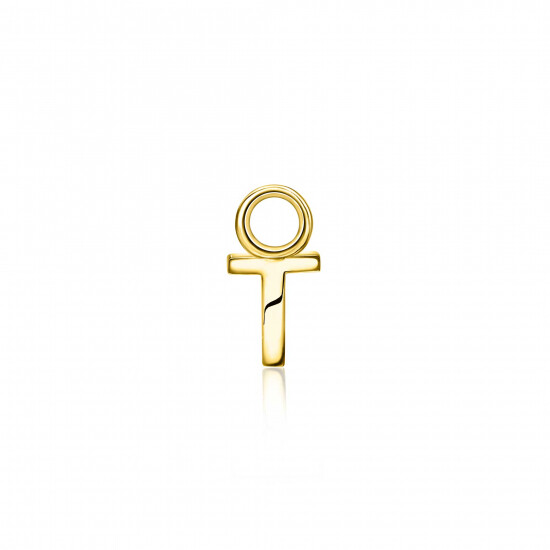 ZINZI zilveren geelvergulde letter oorbedel T per stuk geprijsd ZICH2145T. (zonder oorringen).