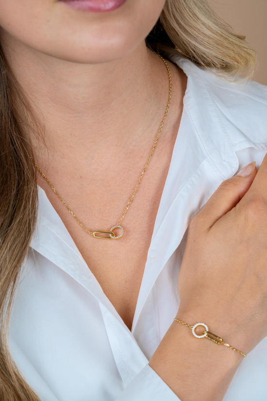 ZINZI gold plated zilveren ketting 45cm met twee verbonden schakels, bezet met witte zirkonia's ZIC2809