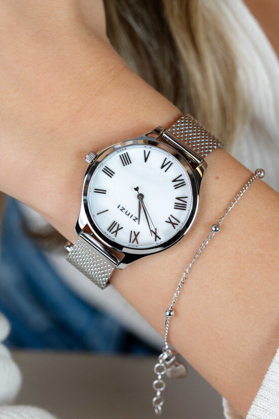 ZINZI horloge JULIA 34mm wit parelmoer wijzerplaat romeinse cijfers stalen kast en meshband ZIW1117M
