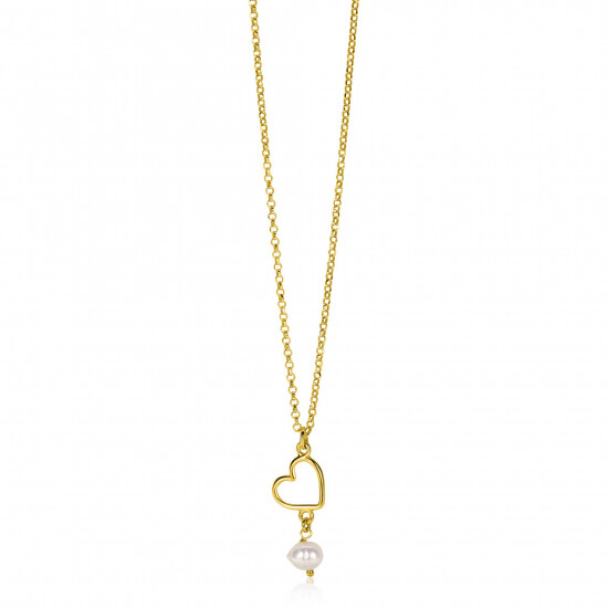 ZINZI gold plated zilveren ketting met open hartje en bungelend witte zoetwaterparel 40-45cm ZIC2642