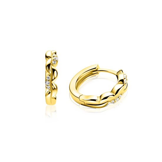 13mm ZINZI gold plated zilveren oorringen met een sierlijk golvend design, subtiel bezet met witte zirkonia’s, luxe klapsluiting ZIO2875
