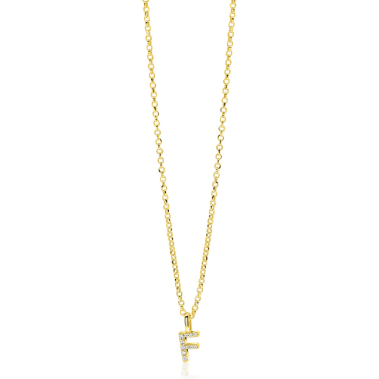 ZINZI gold plated zilveren letter hanger F bezet met witte zirkonia's ZIH2828-F (zonder ketting)